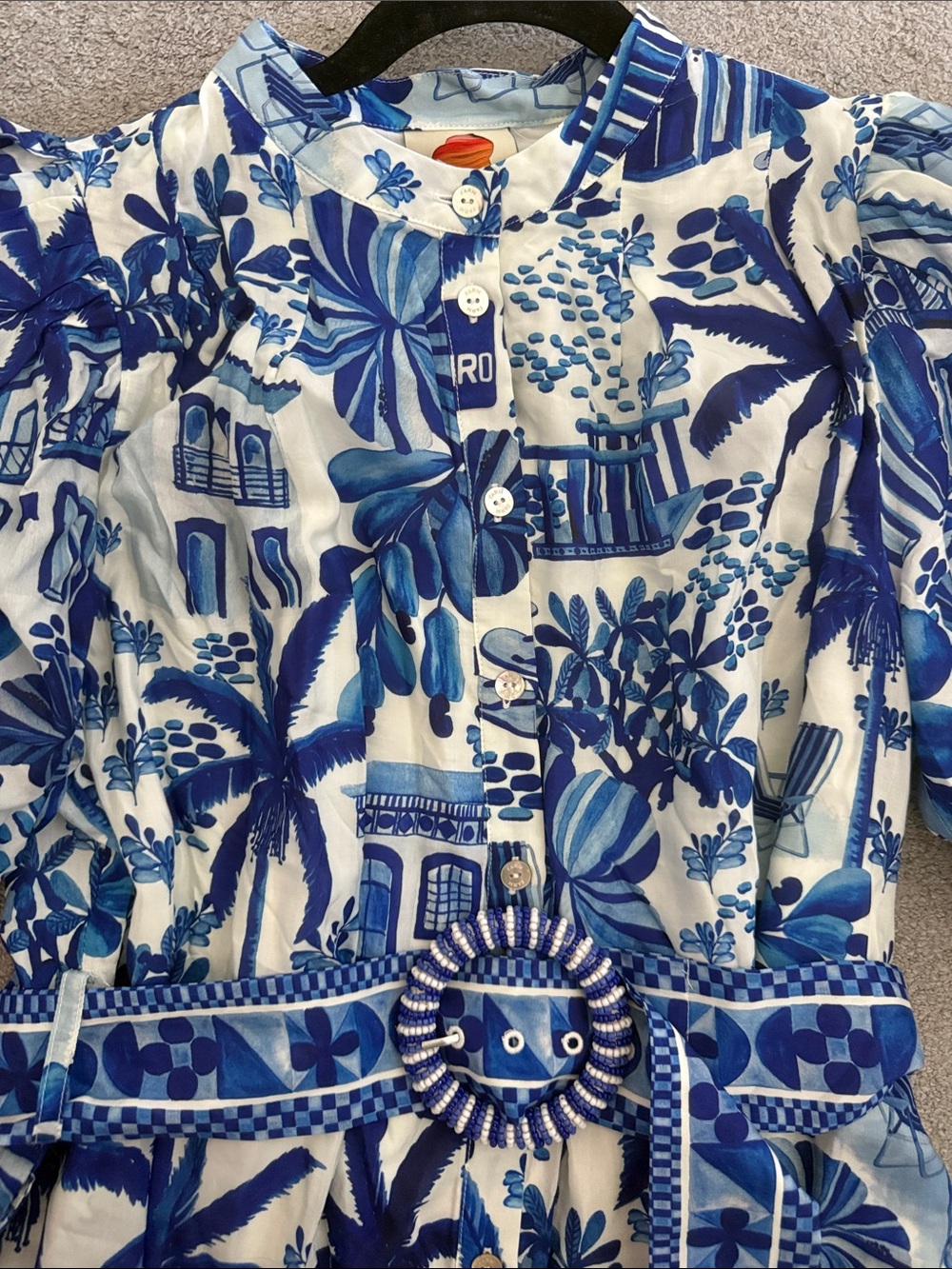 NWT FARM Rio Blue & White Tropical Puff-Sleeve Mini Dress - Picture 3 of 7